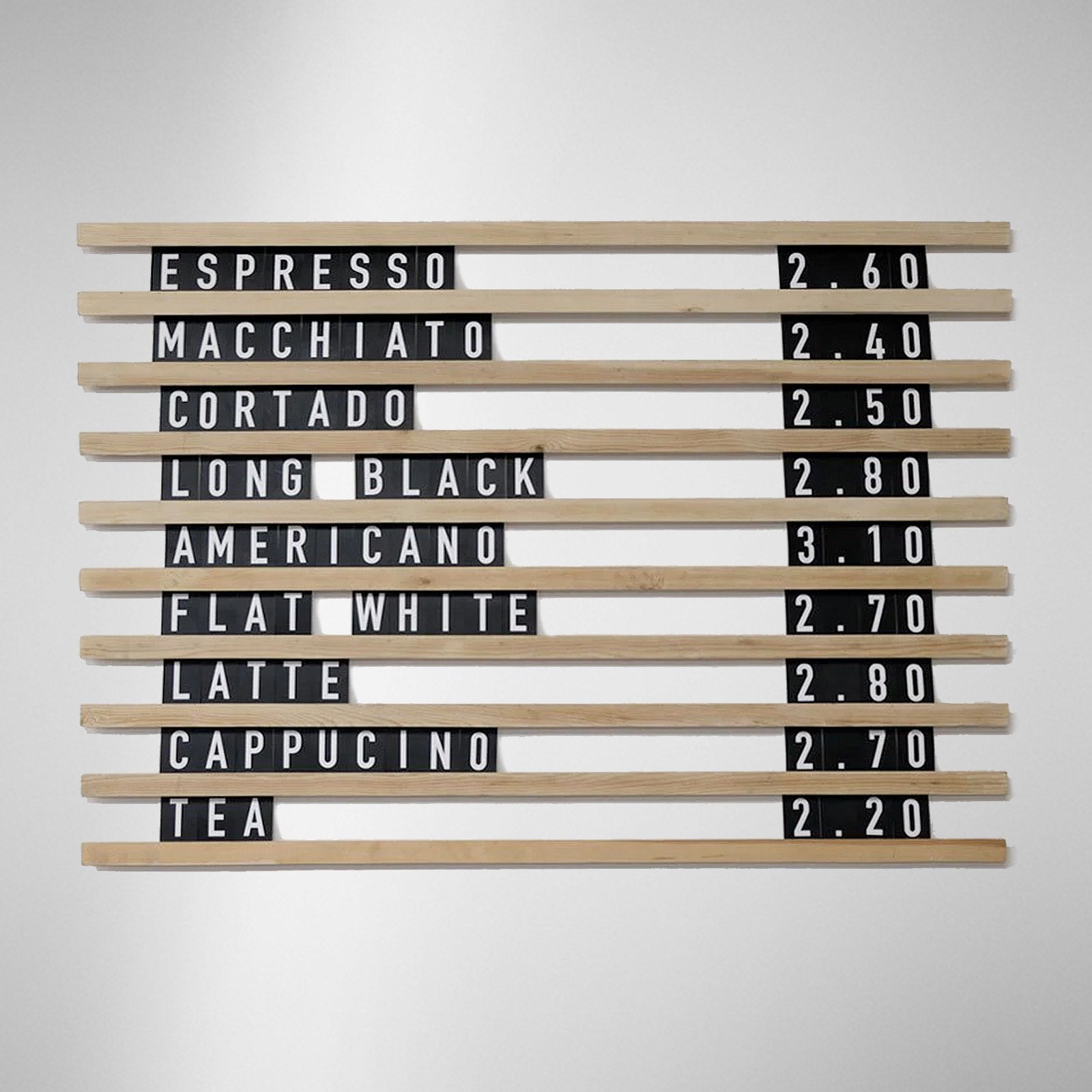 Cafe Menu Board with oak rails and black letters