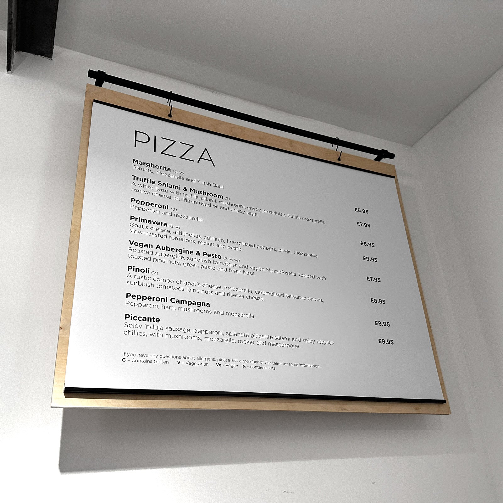 hanging wooden cafe menu metal rail